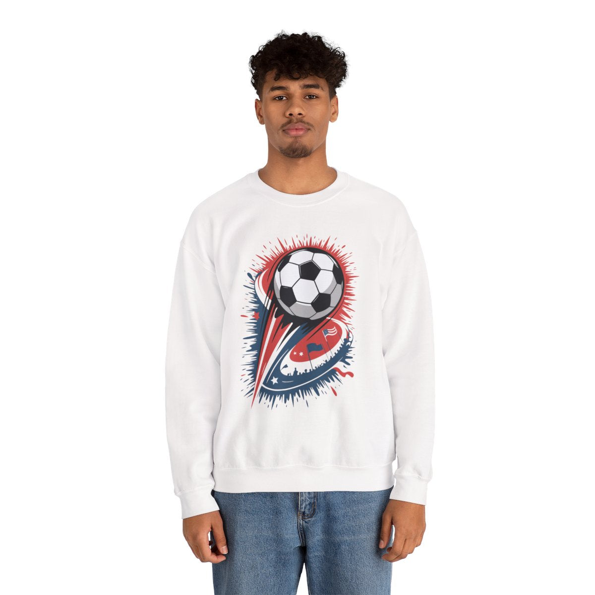 TEEZOCA explosive soccer ball sweatshirt with dynamic football design Person wearing a white sweatshirt with a soccer ball design on a white background