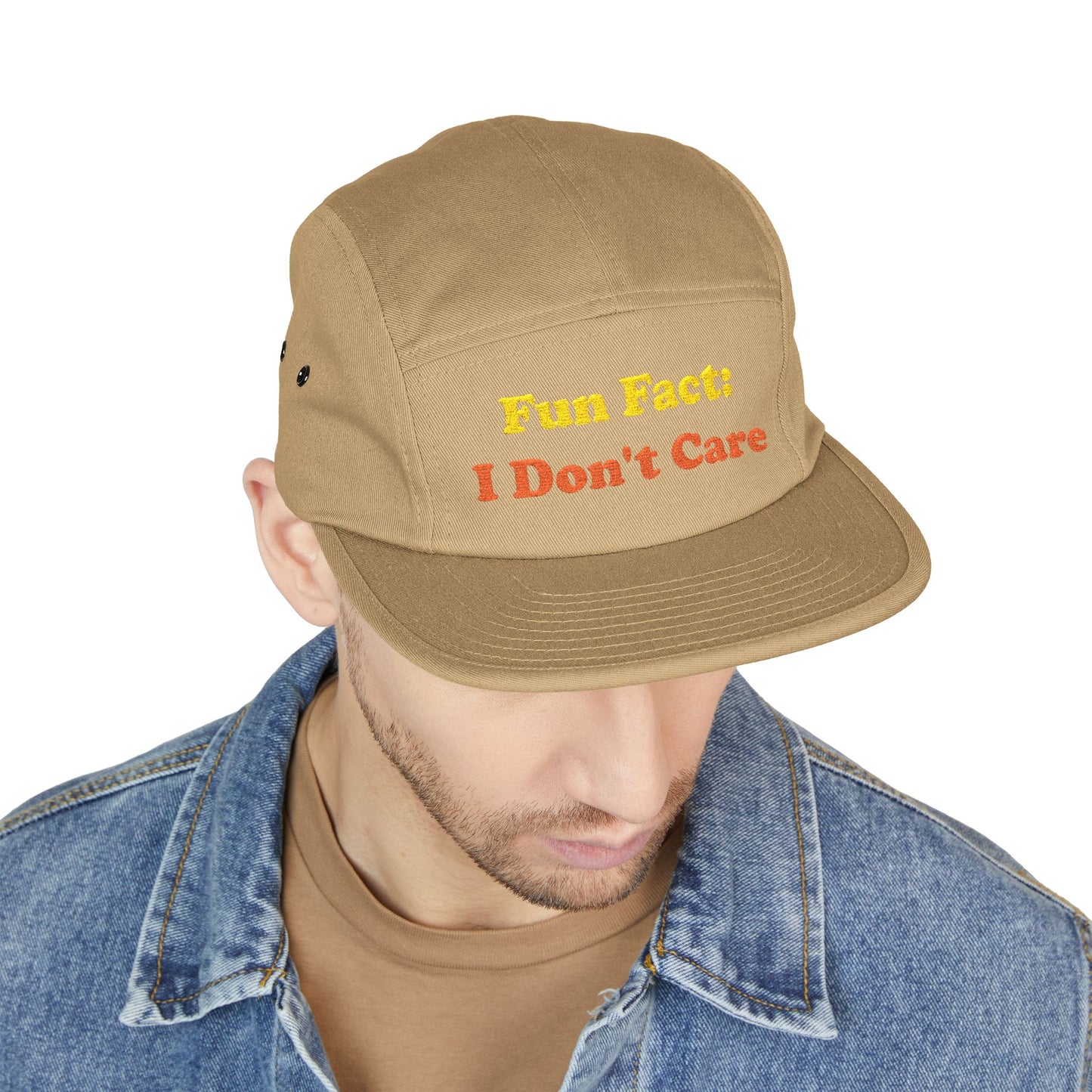 "Fun Fact: I Don't Care" cap styled on man in casual outfit—lifestyle shot demonstrating unisex appeal, women's fashion compatibility, and humorous attitude accessory versatility.