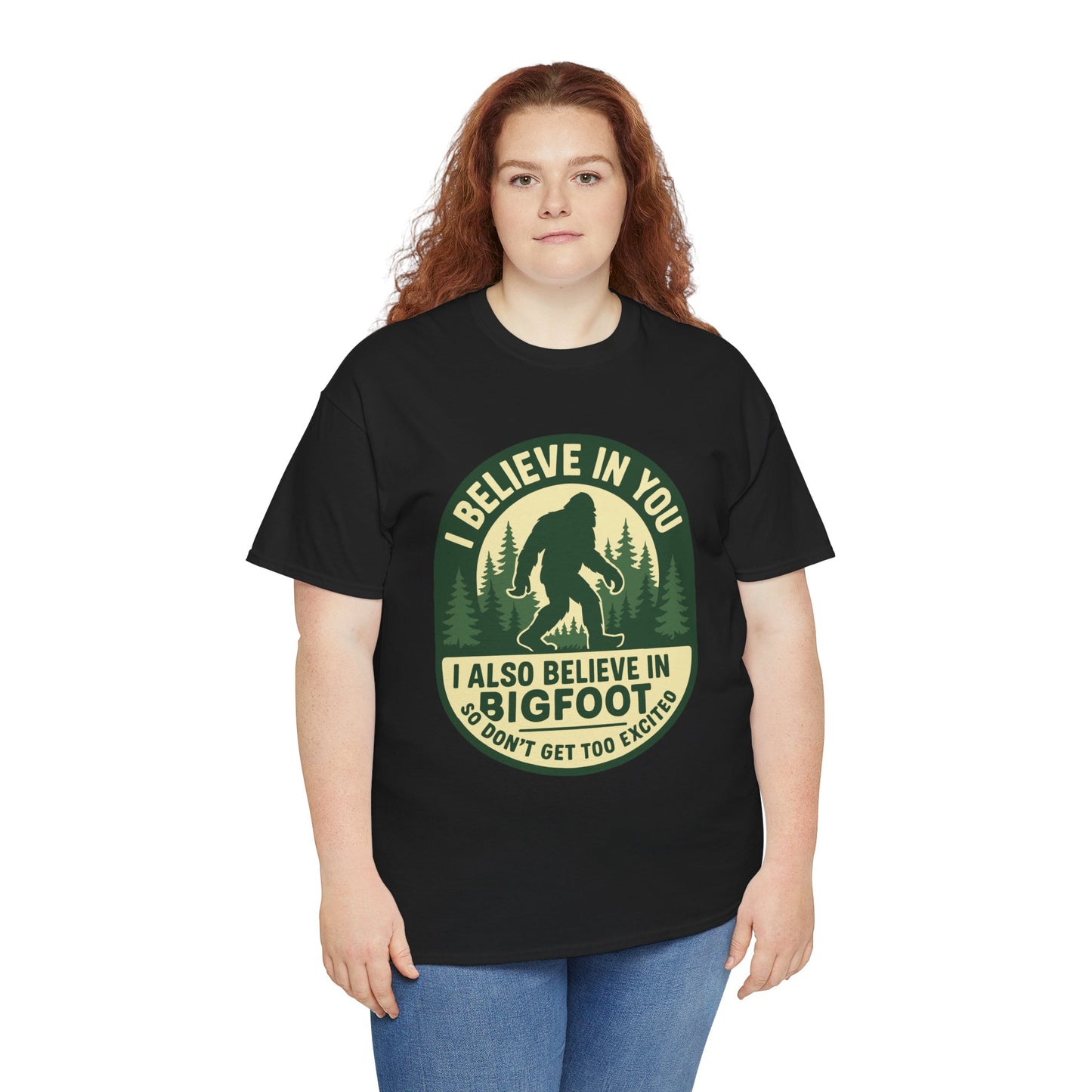 “Teezoca Women model wearing I Believe In You I Also Believe In Bigfoot t-shirt, unisex retro cryptid graphic, front view”