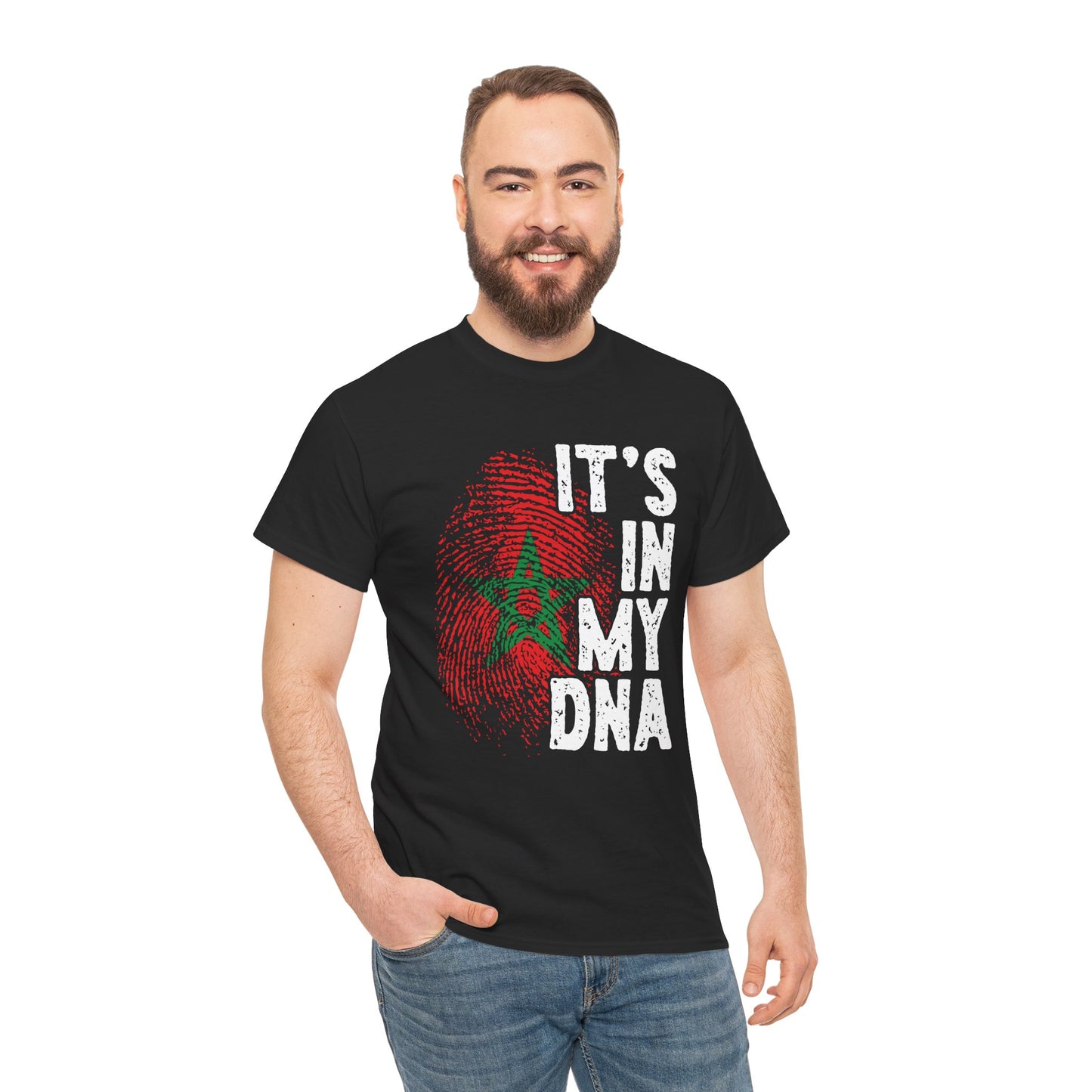men wearing dark T-shirt featuring a red and green fingerprint in the design of the Moroccan flag with the star symbol, paired with the phrase "It's In My DNA," a Moroccan pride heritage shirt and cultural identity tee.