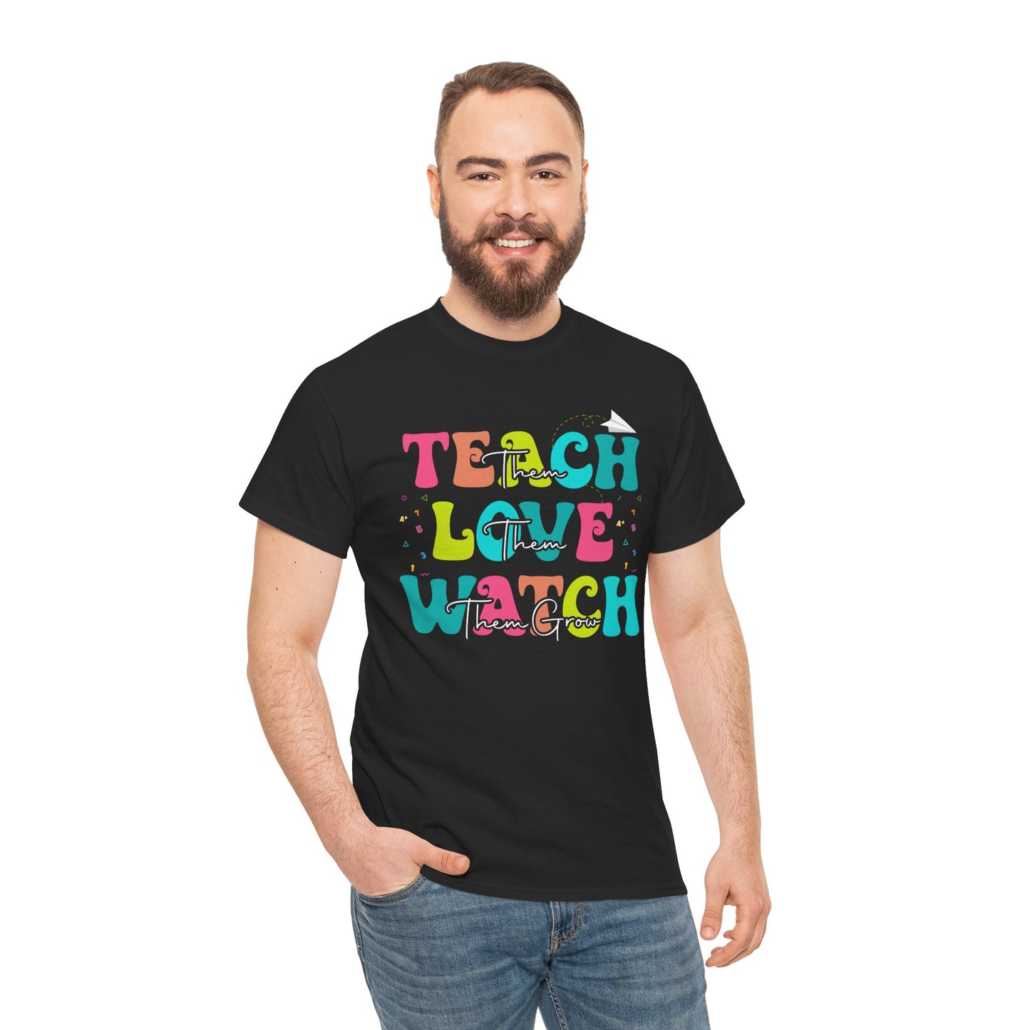 “Male model in Teezoca Teach Love Watch Them Grow shirt, teacher appreciation week design, colorful front print”