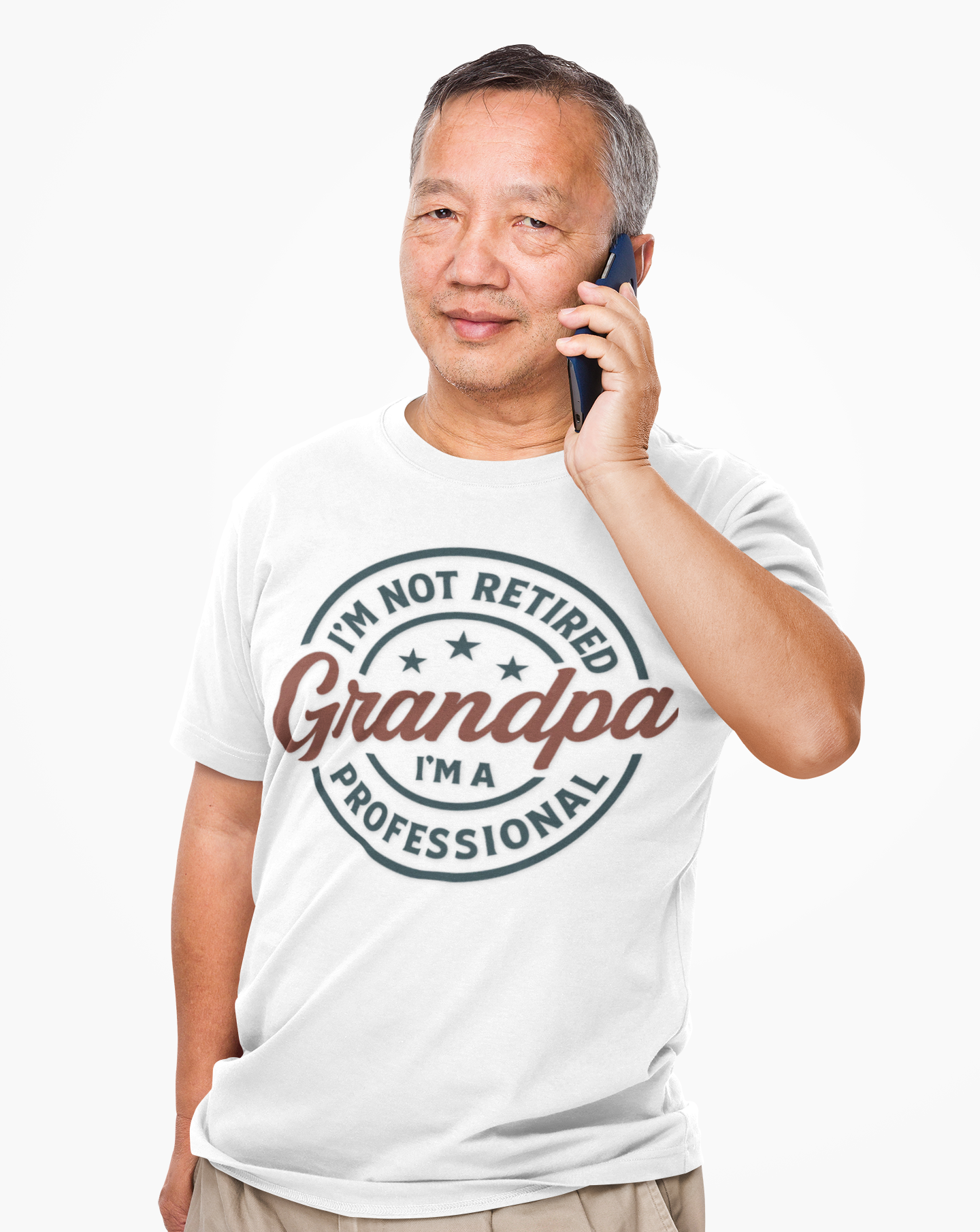 Male model smiling and wearing the “Not Retired, Grandpa Professional” t-shirt, showing fit and lifestyle appeal for retirees and grandfathers.