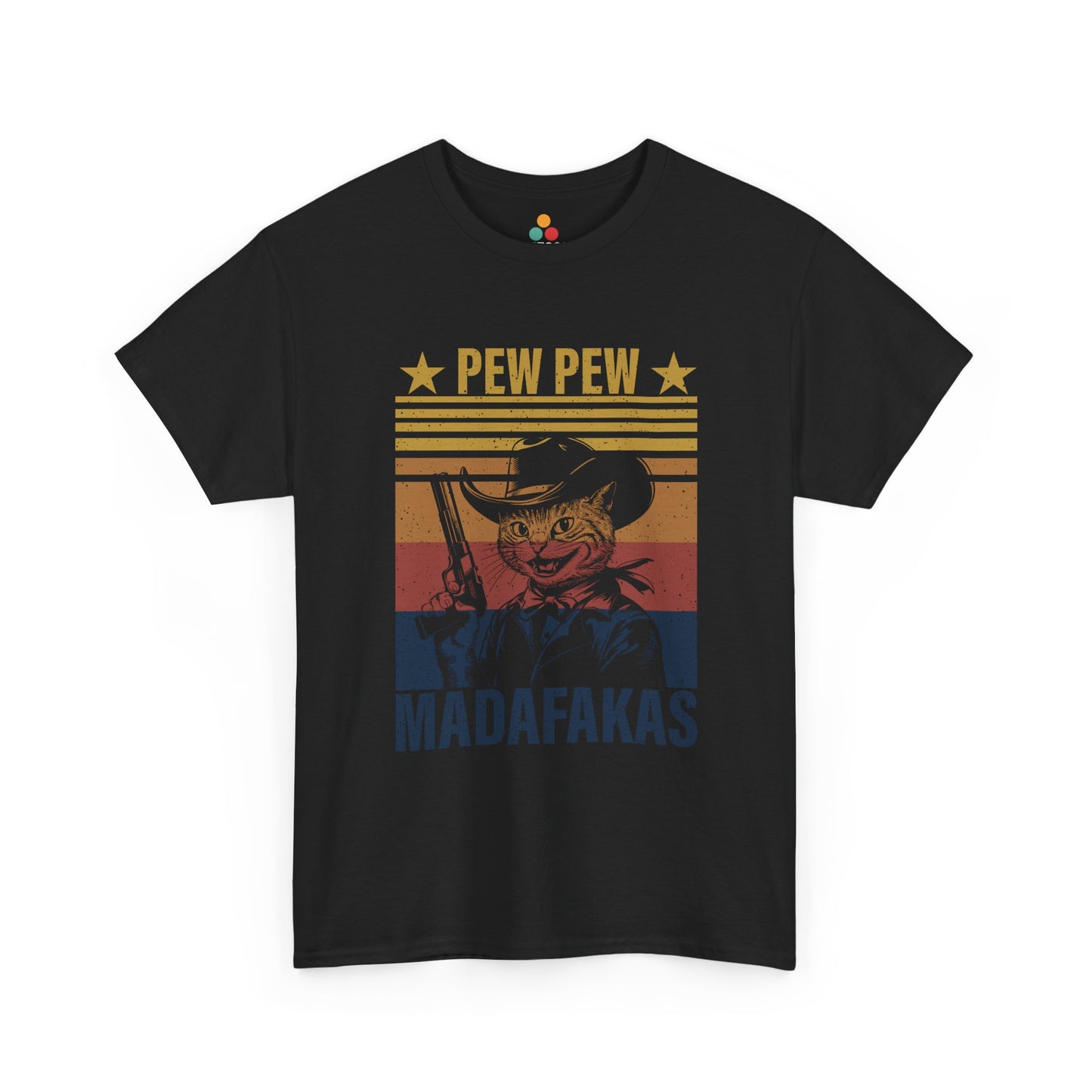 “Teezoca Pew Pew Madafakas shirt, black, vintage cowboy cat meme, funny outlaw cat tee”