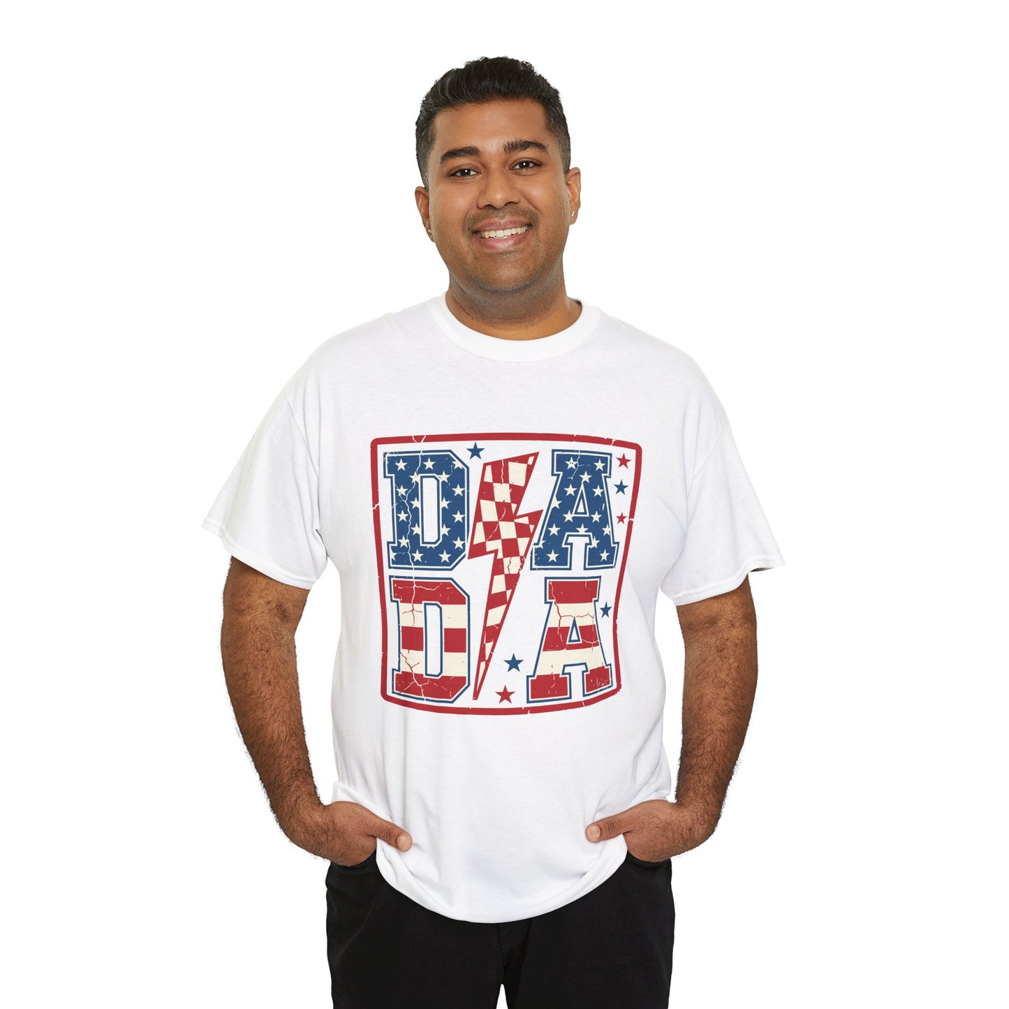 white shirt men model Patriotic DADA Lightning Bolt T-Shirt – 4th of July Dad Gift | USA Stars & Stripes Father's Day Tee