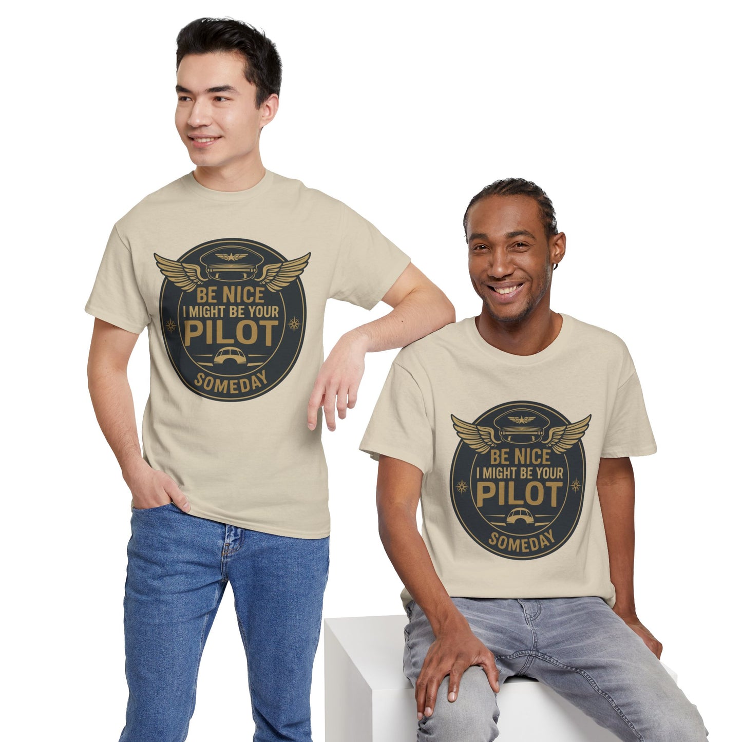 Male models wearing pilot badge t-shirts, demonstrating versatile fit for pilots, student aviators, or travel gift ideas.