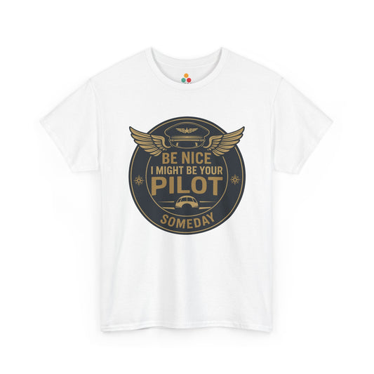 Crisp white t-shirt with “World’s Best Pilot” badge graphic, gold pilot wings and aviation symbols—gift for commercial or private pilots and airshow fans.