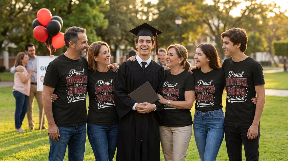 Shop graduation shirts for family ceremony photos at TEEZOCA. Funny $21.99 proud mom, dad, sibling, aunt, uncle tees before the ceremony weekend hits.