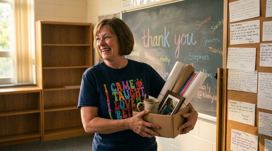 Shop teacher retirement gift ideas at TEEZOCA for the end of an era. $21.99 shirts for staff farewells, final bells, classroom goodbyes, and retirement parties.