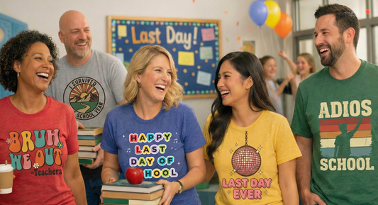 A group of five diverse, smiling teachers celebrating in a classroom. They are wearing colorful t-shirts with "Last Day of School" themes, holding books and coffee, with a "Last Day!" bulletin board and balloons in the background.