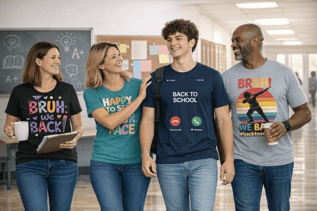 Smiling teachers wearing colorful back to school graphic t‑shirts walk together down a school hallway, holding coffee cups and books, promoting a fun, welcoming classroom atmosphere for the new school year.