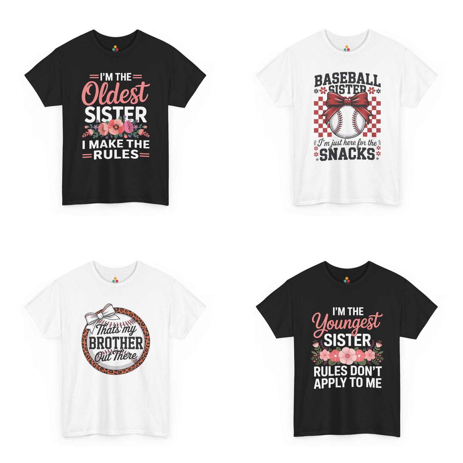 TEEZOCA Collection of four matching sister and baseball-themed graphic t-shirts in black and white.