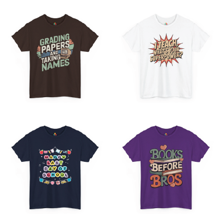 TEEZOCA funny teacher shirts collection — graphic tees for educators featuring testing day humor, classroom chaos, and end-of-year designs