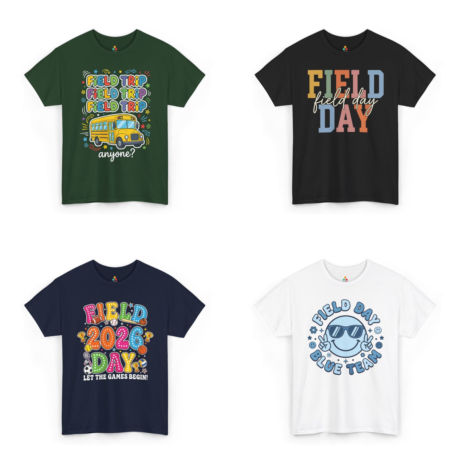 TEEZOCA field day shirts and field trip tees featuring colorful school bus, teacher, kids, retro, and game day designs for school events.