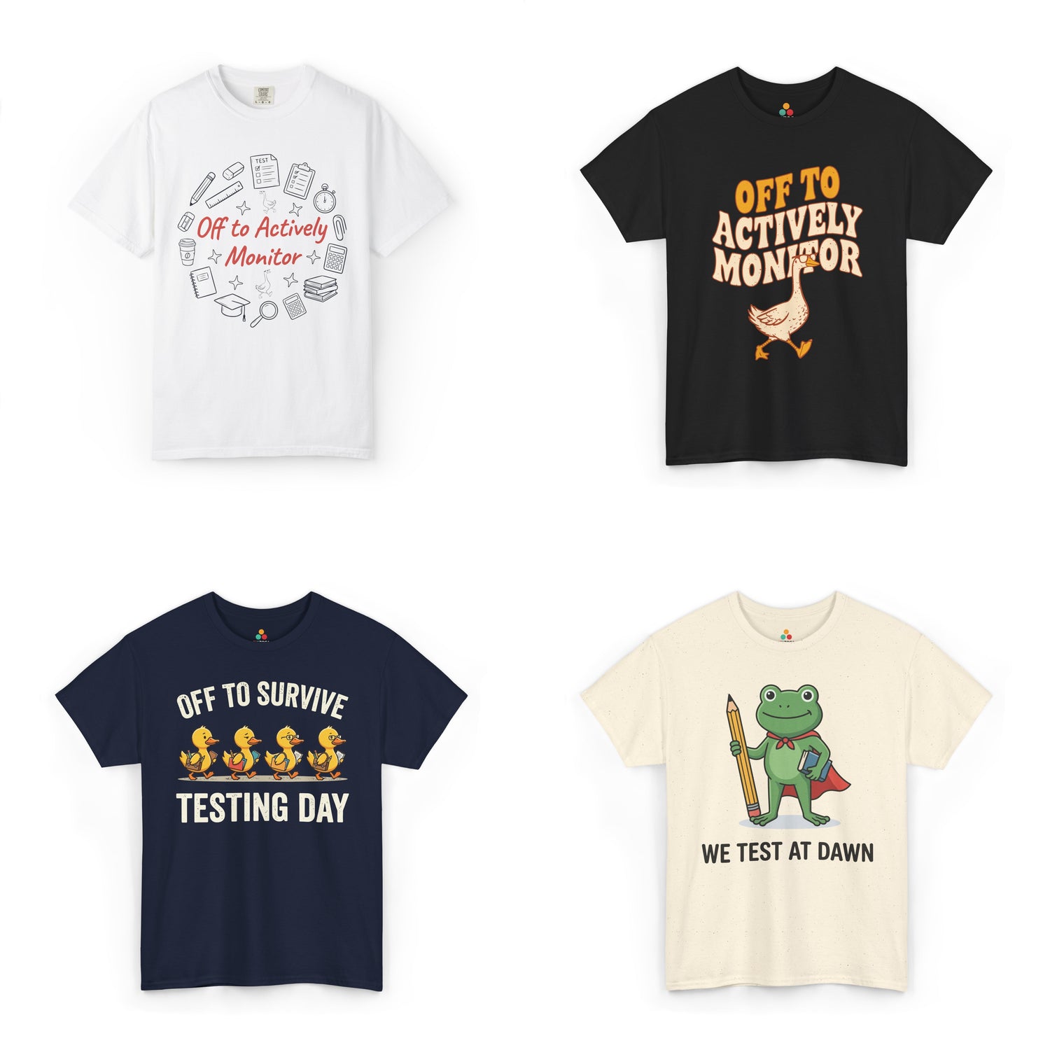 TEEZOCA test day shirts and STAAR test shirts featuring cute frog, duck, motivational, and funny teacher designs for students and educators.
