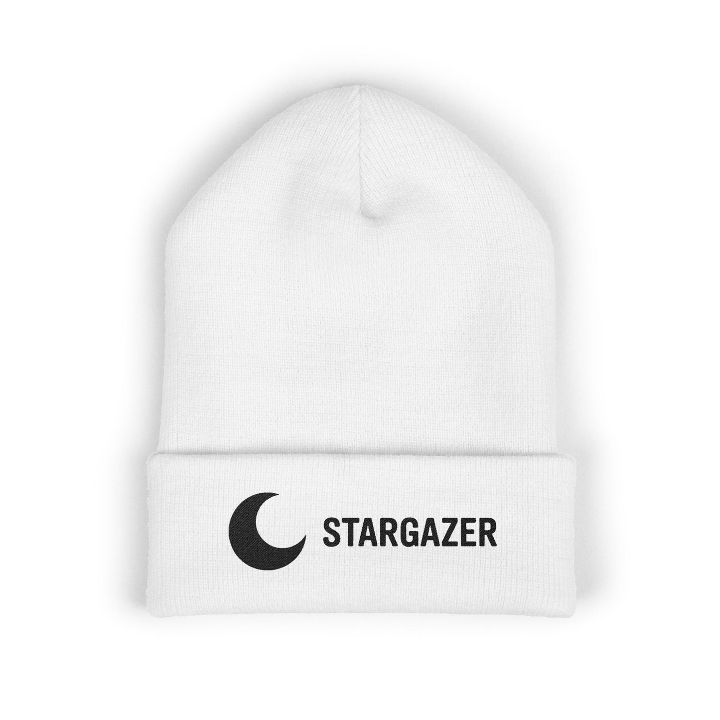 White beanie with 'Stargazer' logo on a white background