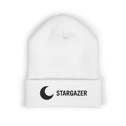 White beanie with 'Stargazer' logo on a white background