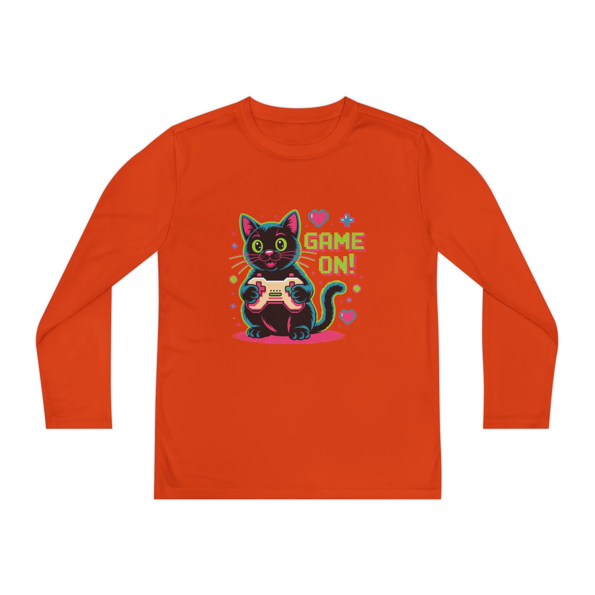 Youth Long Sleeve Tee — "Game On!" Gamer Cat Graphic TEEZOCA