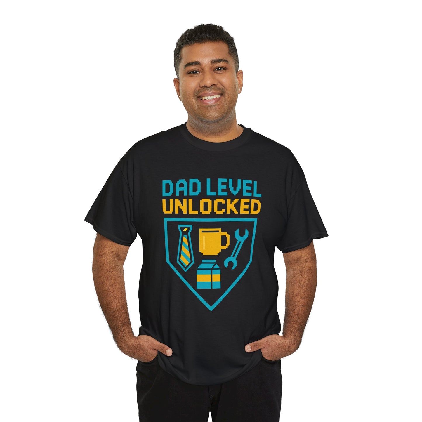 "Dad Level Unlocked" t‑shirt with achievement badge design featuring tie, coffee, and wrench icons. Perfect Father's Day gift for new dads and gamer fathers.​

