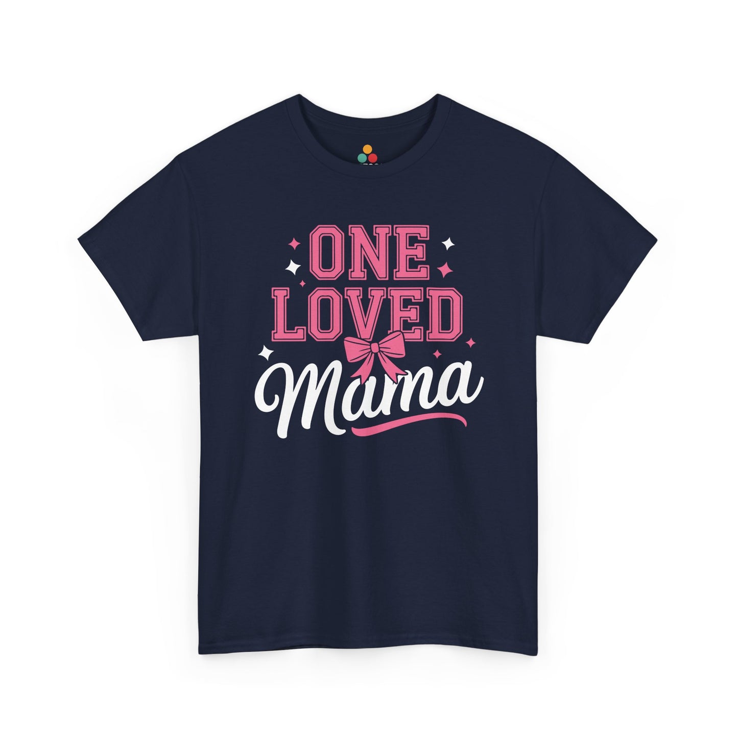 Navy blue t-shirt with 'One Loved Mama' text design on a white background