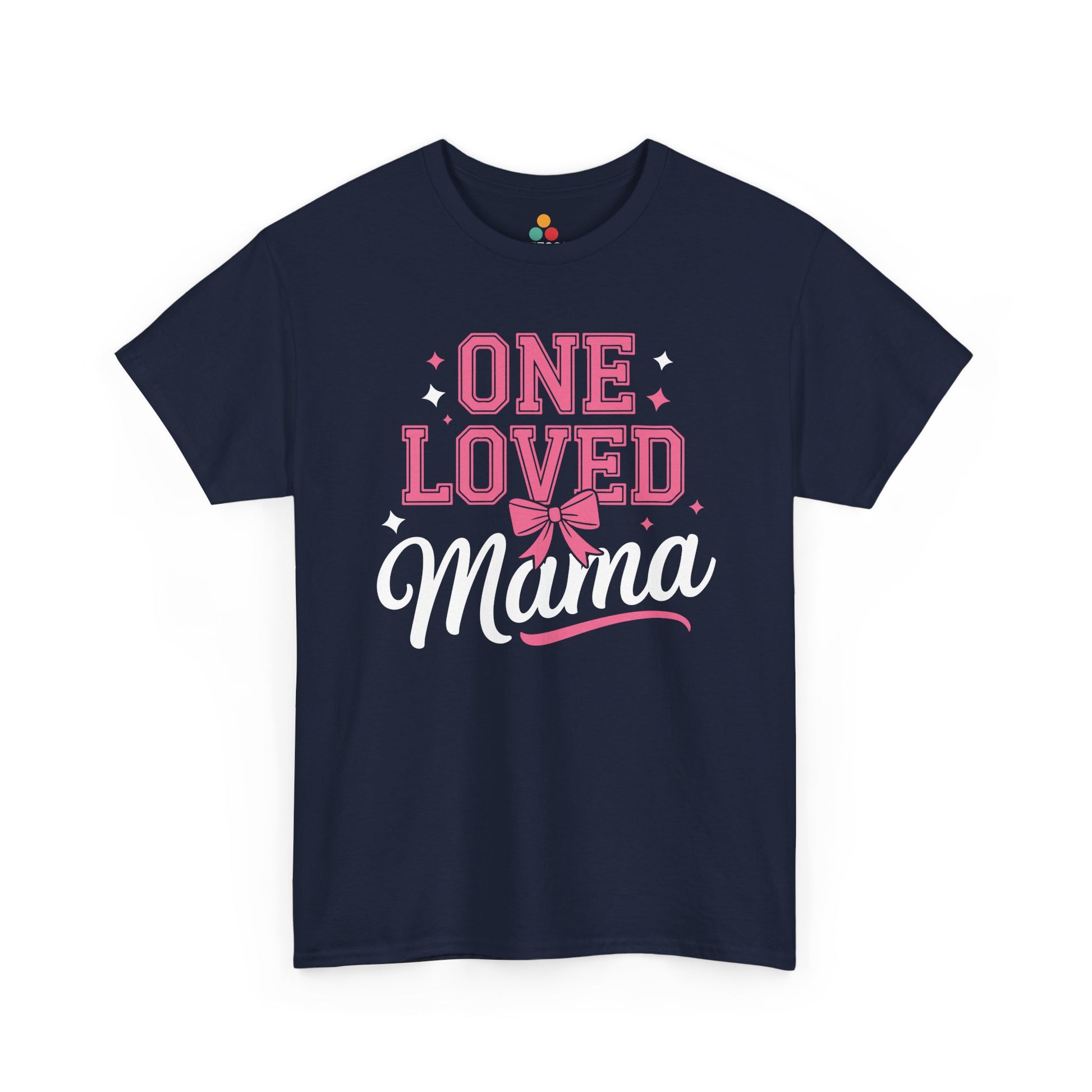 Navy blue t-shirt with 'One Loved Mama' text design on a white background