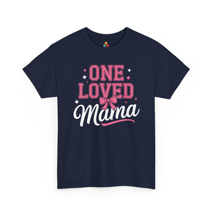 Navy blue t-shirt with 'One Loved Mama' text design on a white background