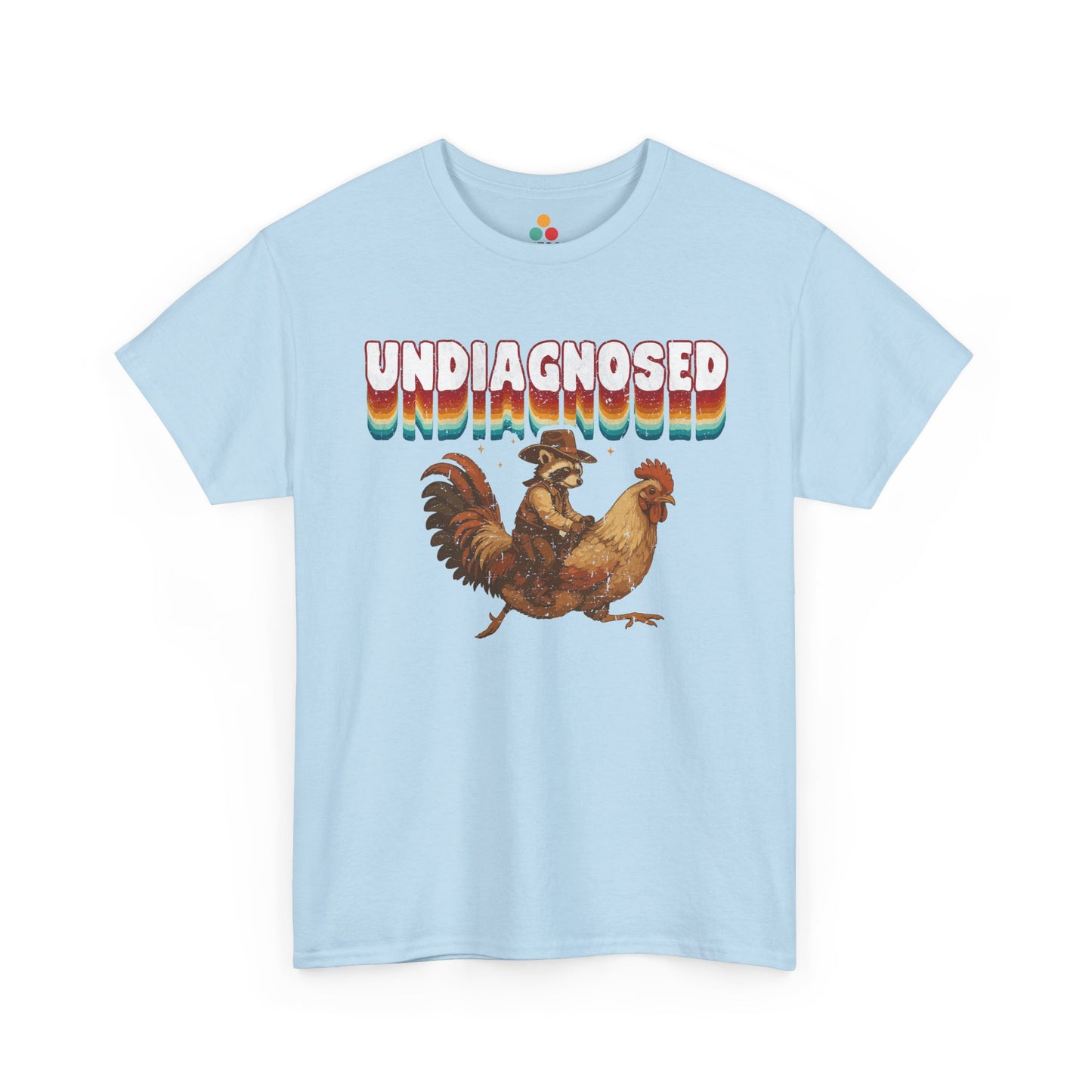 Light blue t-shirt with a rooster graphic and 'undiagnosed' text on a white background