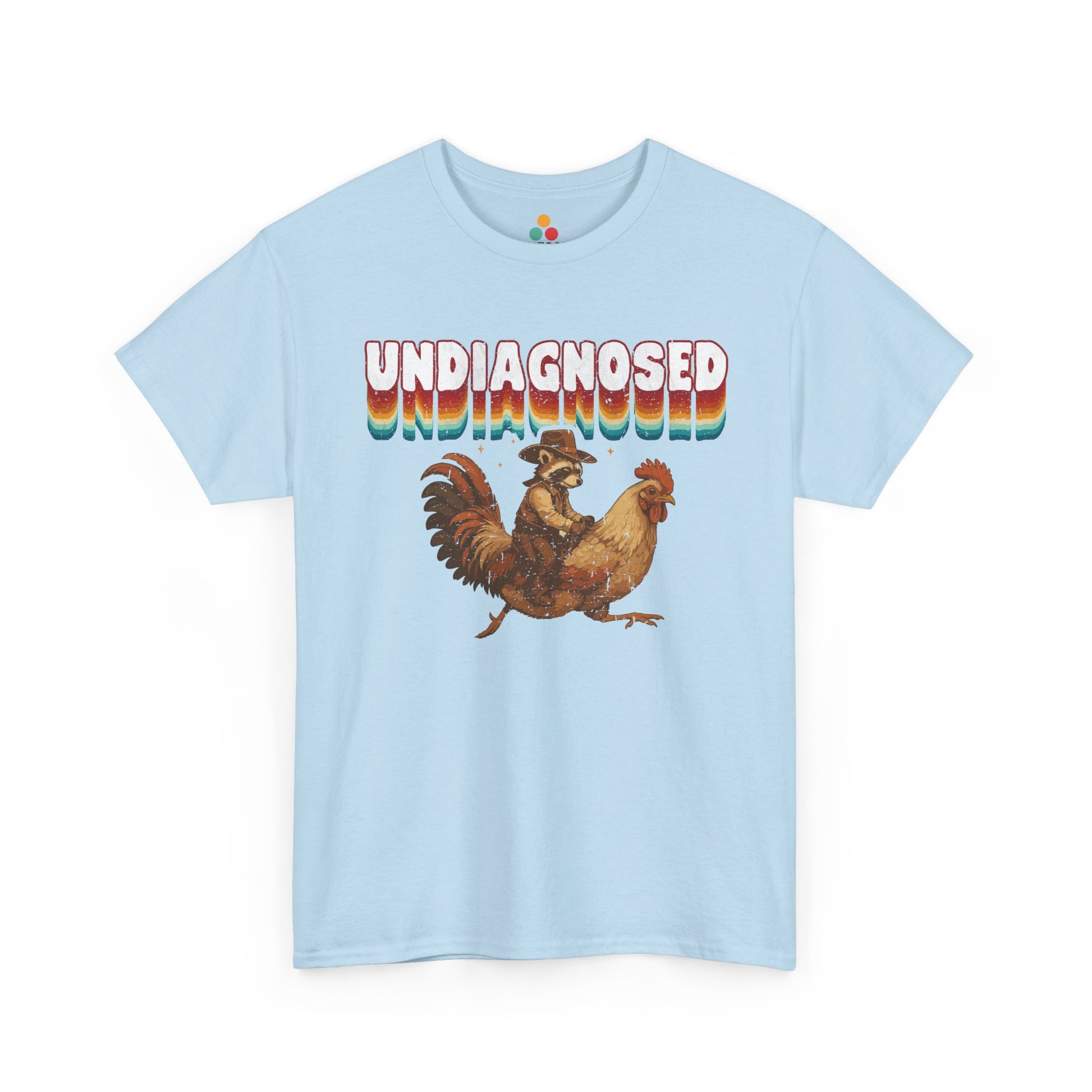 Light blue t-shirt with a rooster graphic and 'undiagnosed' text on a white background