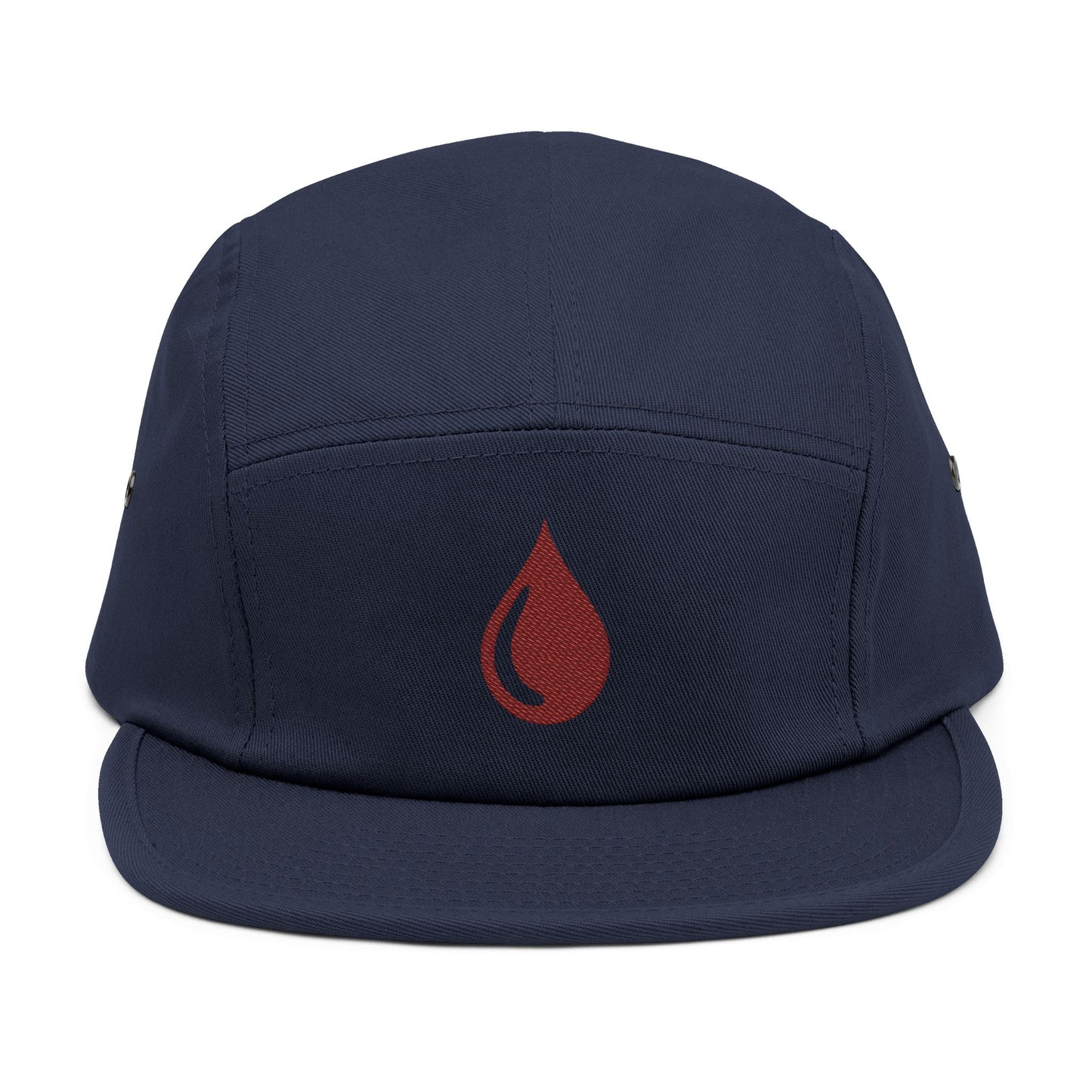 Navy blue cap with a red droplet symbol on a white background. Minimal coffee drop icon embroidered in a clean, modern style 5-panel cap. TEEZOCA