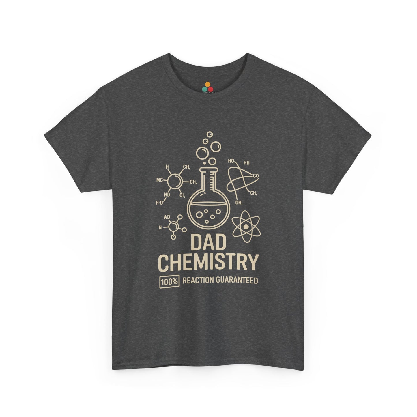 TEEZOCA dark gray “Dad Chemistry 100% Reaction Guaranteed” funny science T‑shirt shown flat.