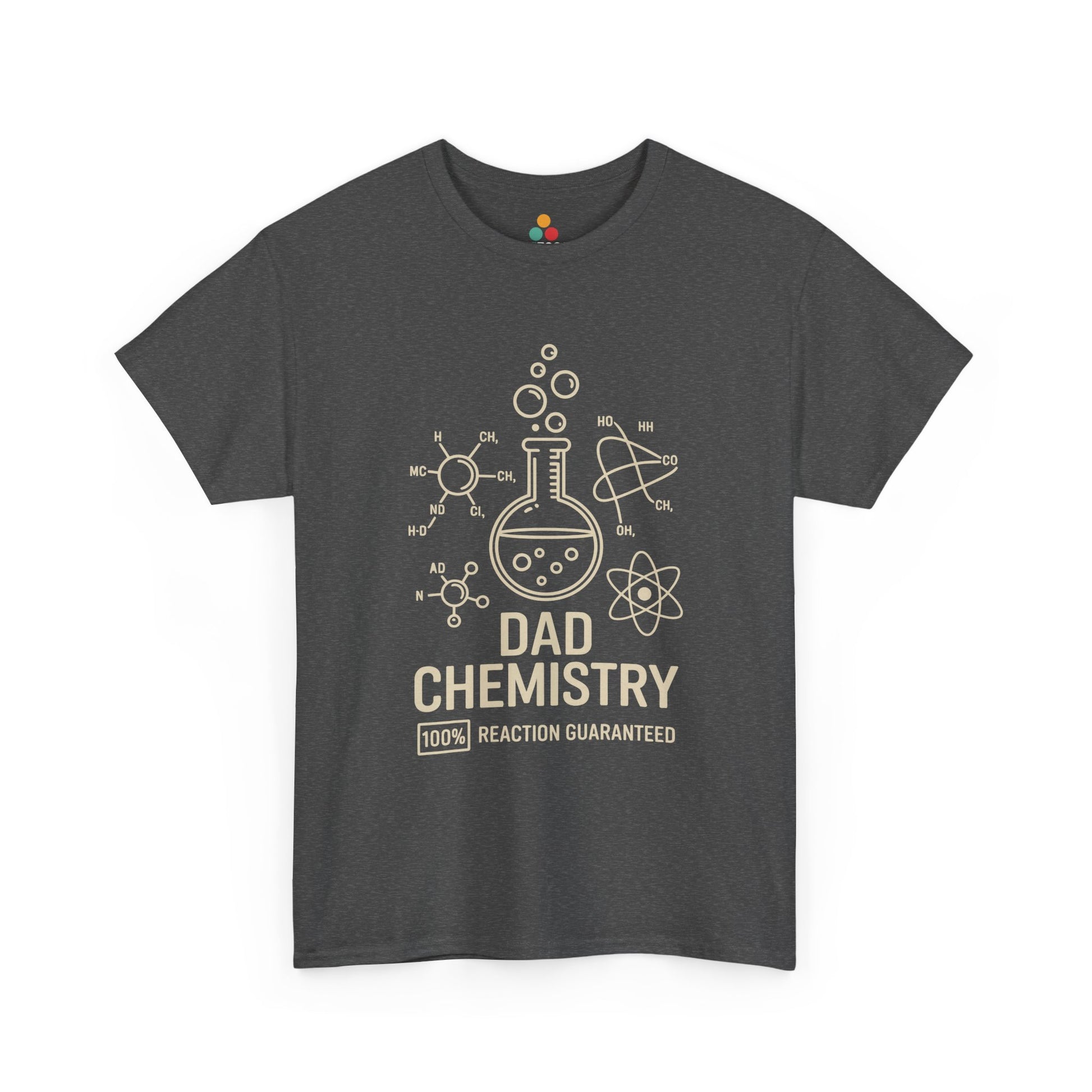 TEEZOCA dark gray “Dad Chemistry 100% Reaction Guaranteed” funny science T‑shirt shown flat.