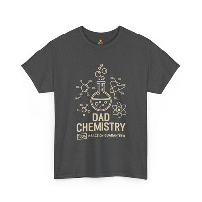 TEEZOCA dark gray “Dad Chemistry 100% Reaction Guaranteed” funny science T‑shirt shown flat.