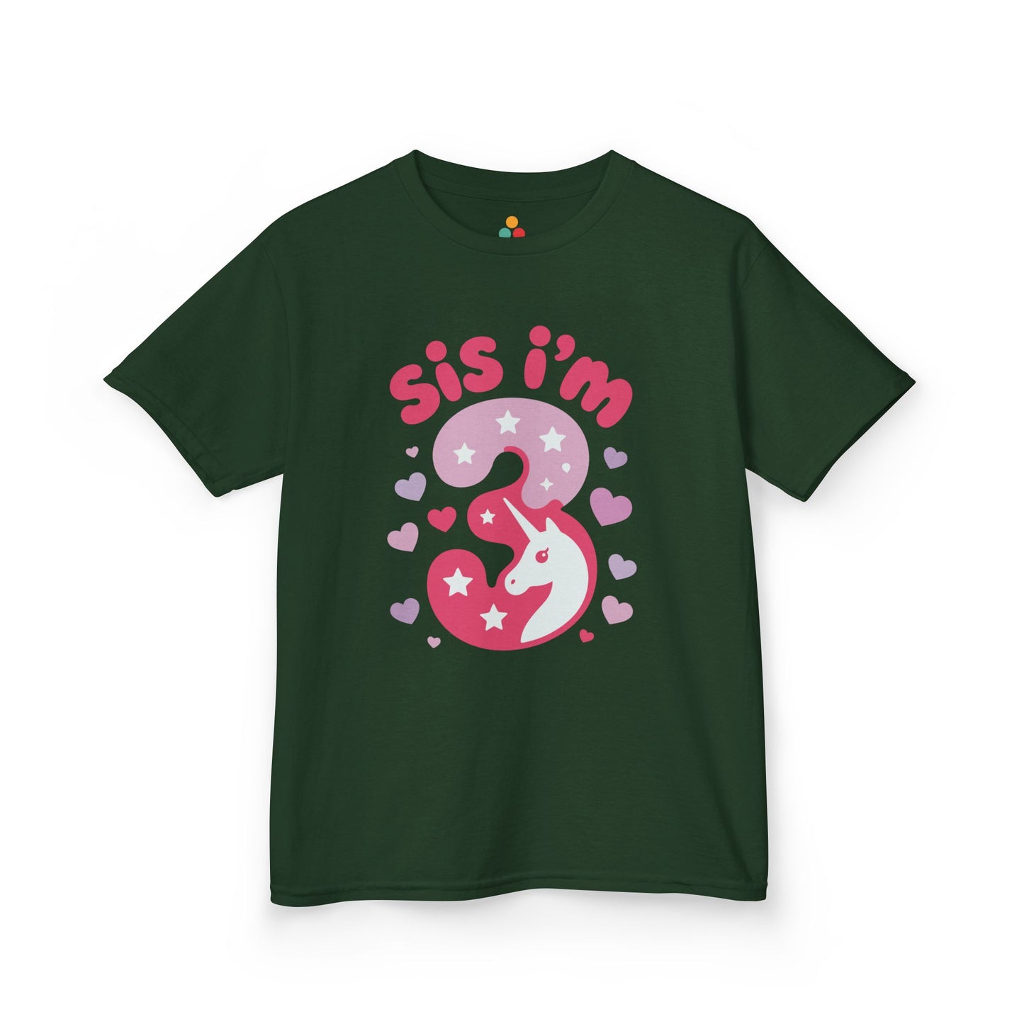 " forest green, 'Sis I'm 3' unicorn birthday shirts with pink number 3 and hearts, flat front view."

