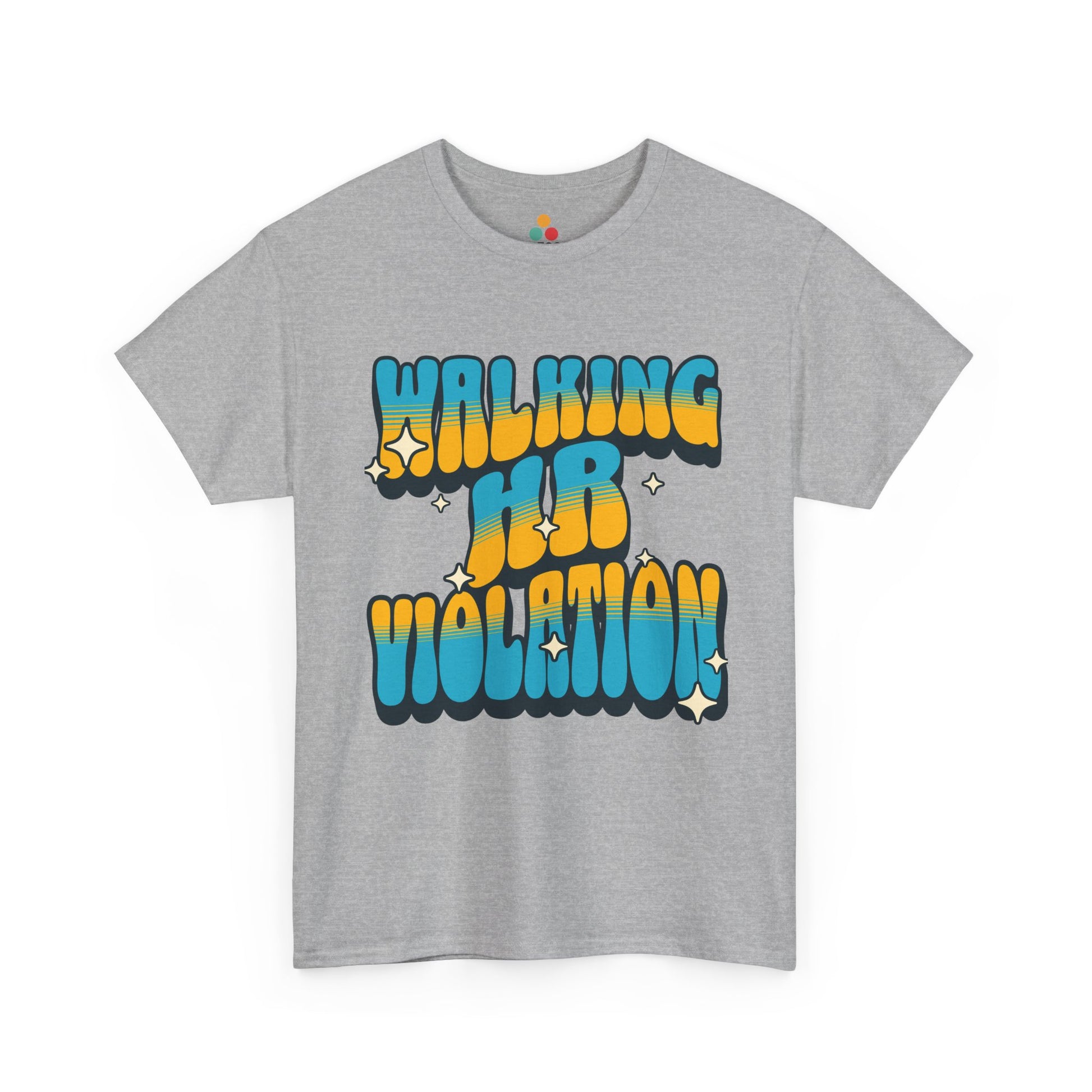 “ heather gray t‑shirt featuring yellow and teal ‘Walking HR Violation’ bubble text graphic, flat front.”

