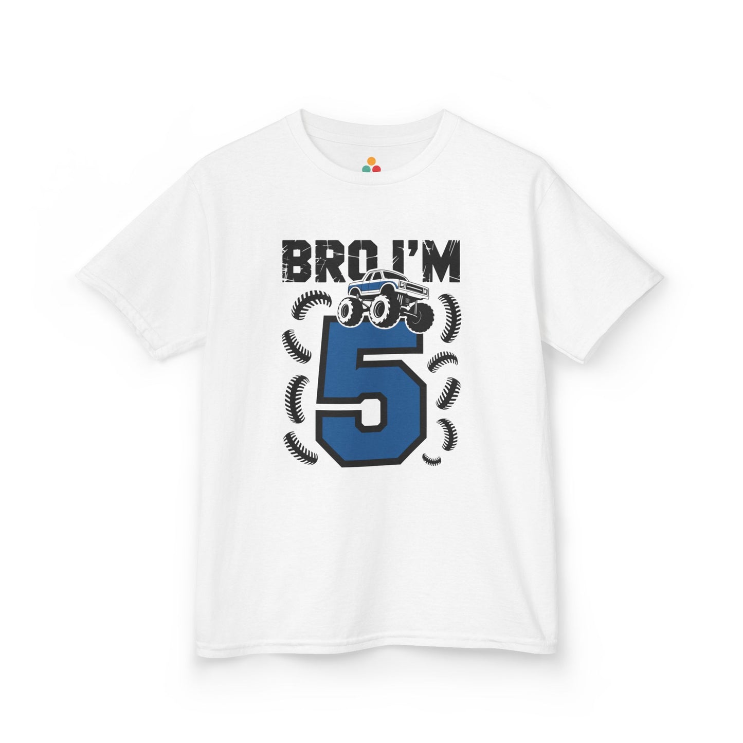 White kids' t‑shirt with "Bro I'm 5" dirt bike motorcycle graphic in blue and black, flat front view.
