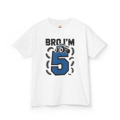 White kids' t‑shirt with "Bro I'm 5" dirt bike motorcycle graphic in blue and black, flat front view.
