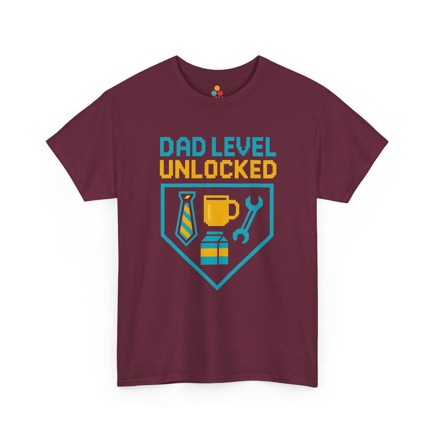"Maroon unisex 'Dad Level Unlocked' tee with shield badge featuring dad essentials graphic, flat display."

