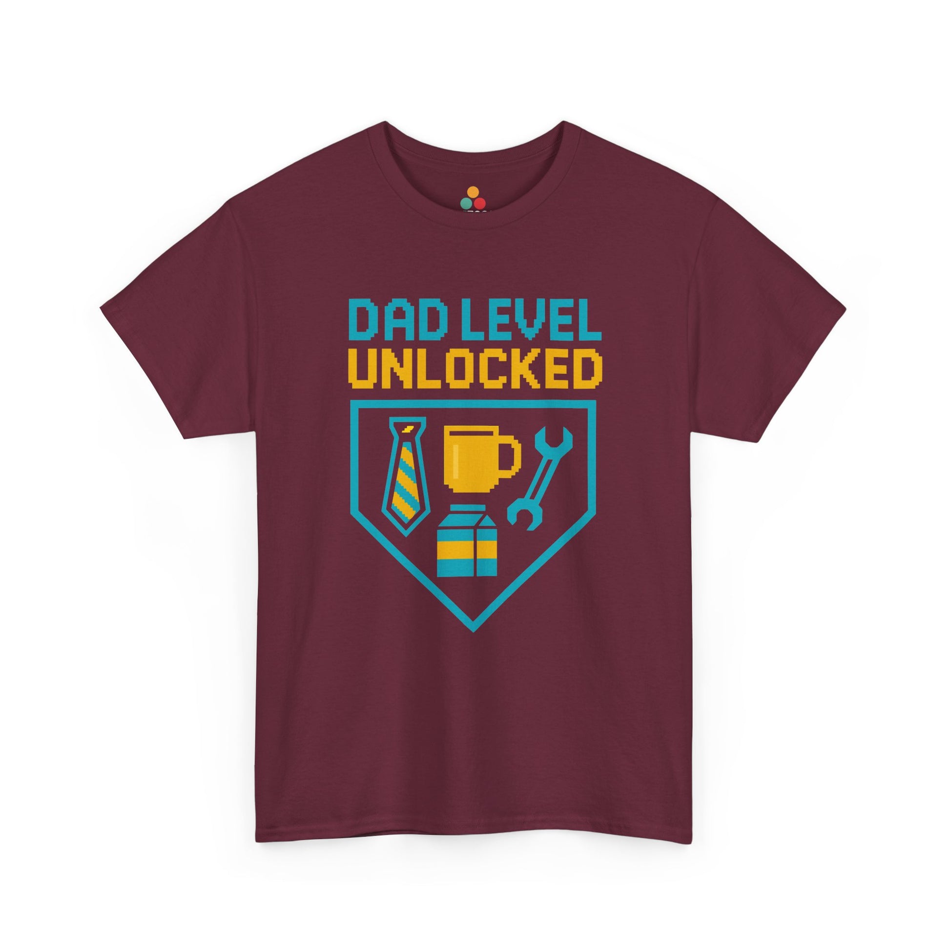 "Maroon unisex 'Dad Level Unlocked' tee with shield badge featuring dad essentials graphic, flat display."

