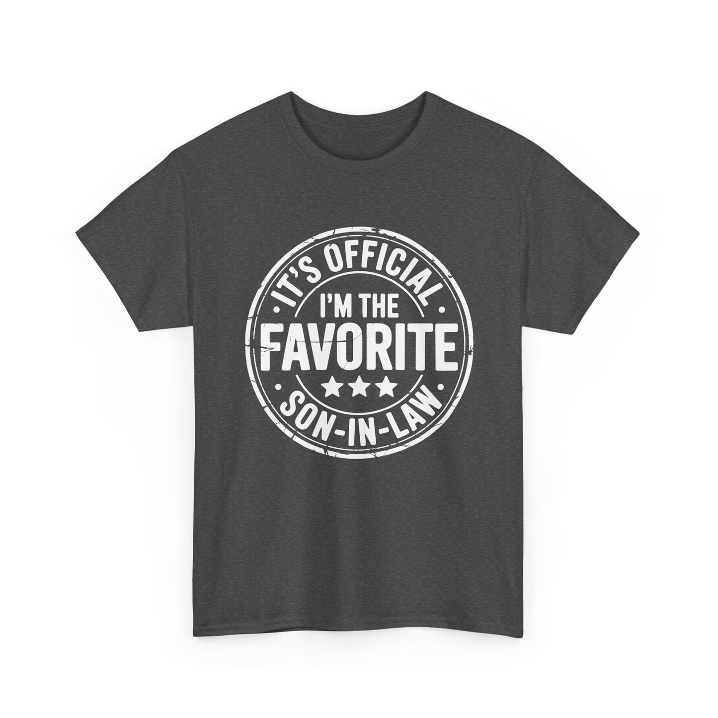 TEEZOCA dark gray “It’s Official I’m The Favorite Son‑in‑Law” graphic tee shown flat.