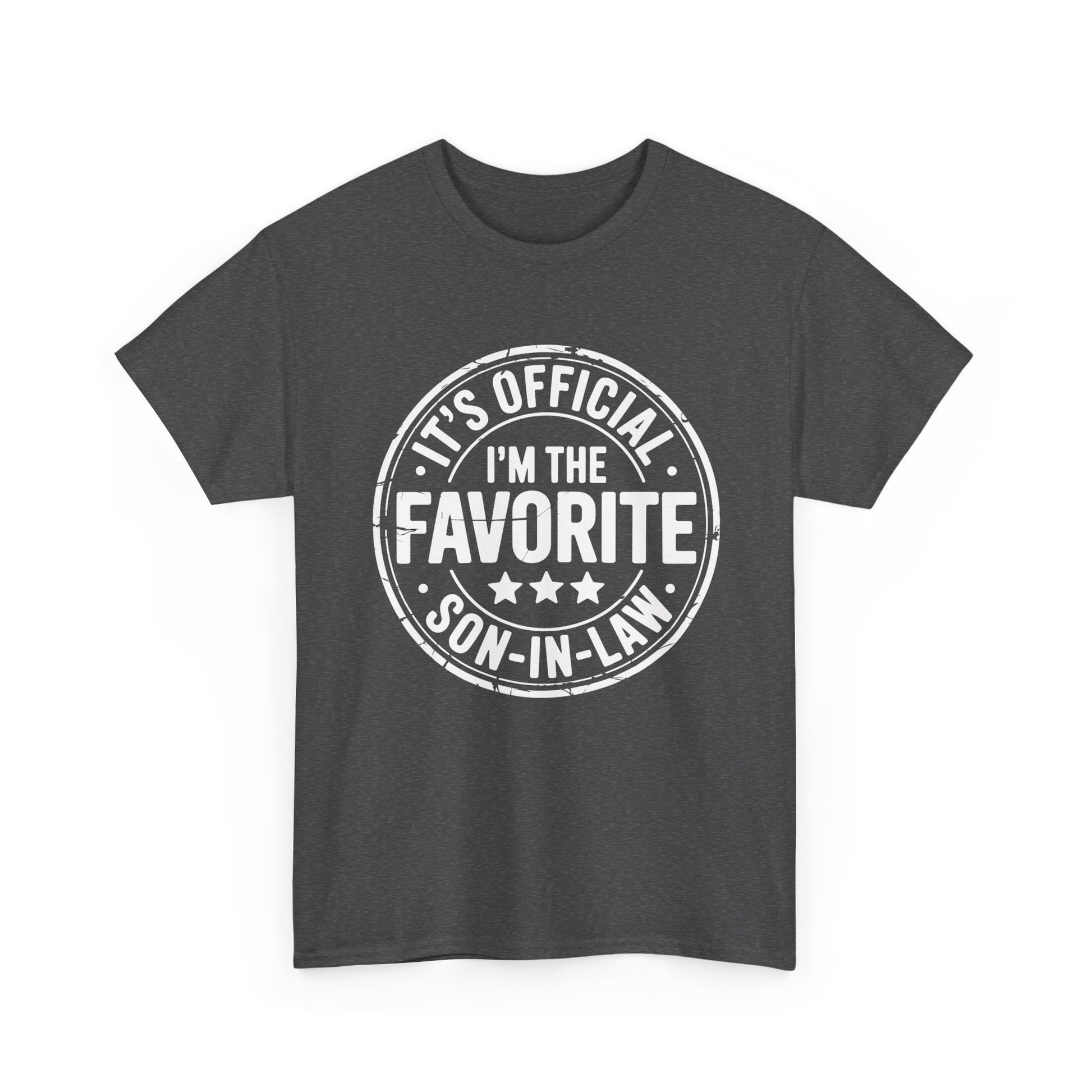TEEZOCA dark gray “It’s Official I’m The Favorite Son‑in‑Law” graphic tee shown flat.