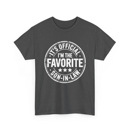 TEEZOCA dark gray “It’s Official I’m The Favorite Son‑in‑Law” graphic tee shown flat.