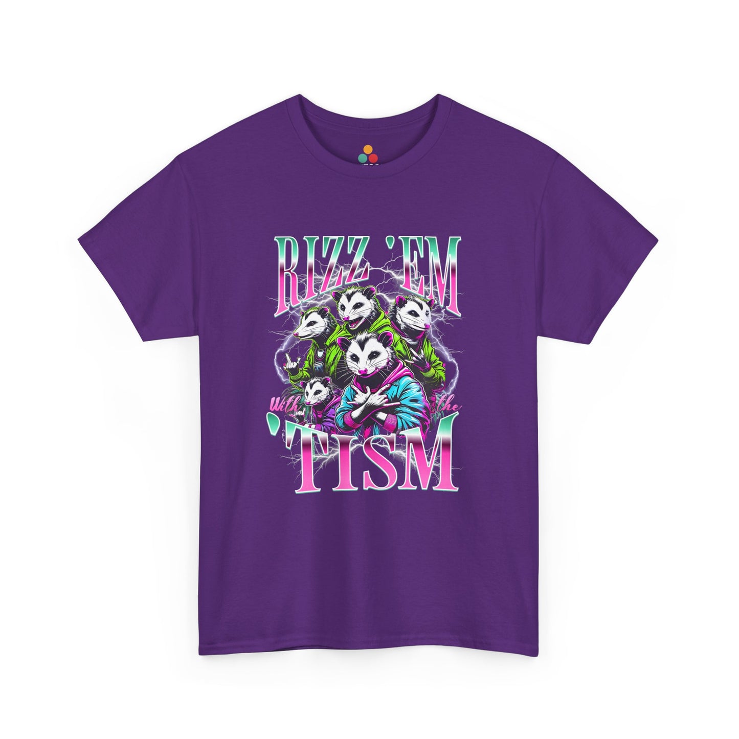 “Purple  t‑shirt featuring neon ‘Rizz ’Em With the ’Tism’ lettering and opossum squad artwork, flat front.”

