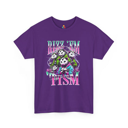 “Purple  t‑shirt featuring neon ‘Rizz ’Em With the ’Tism’ lettering and opossum squad artwork, flat front.”

