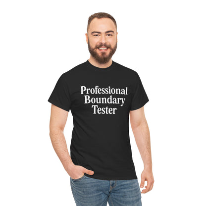 "Man wearing black 'Professional Boundary Tester' funny QA testing t‑shirt, standing front view."
