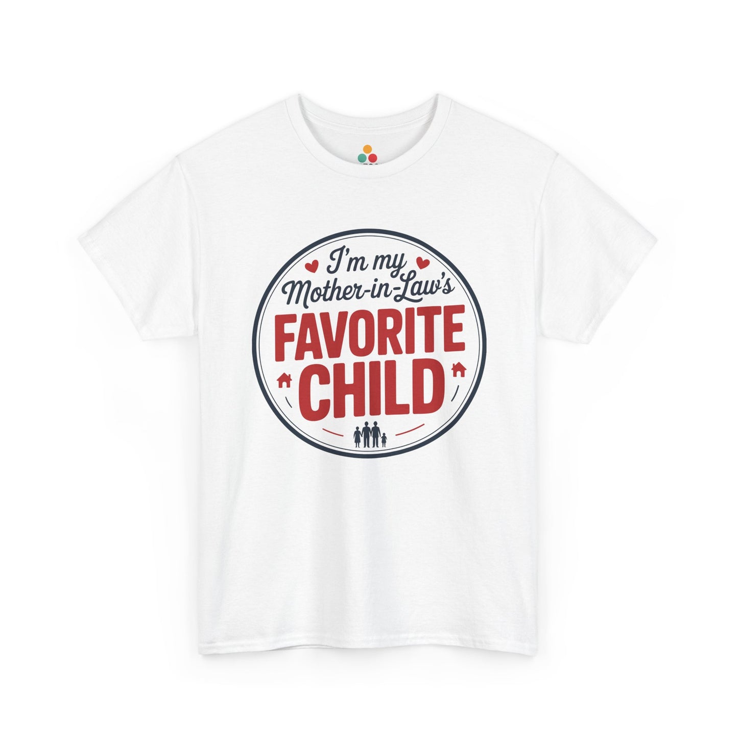 TEEZOCA white “I’m my Mother‑in‑Law’s Favorite Child” badge graphic t‑shirt shown flat.