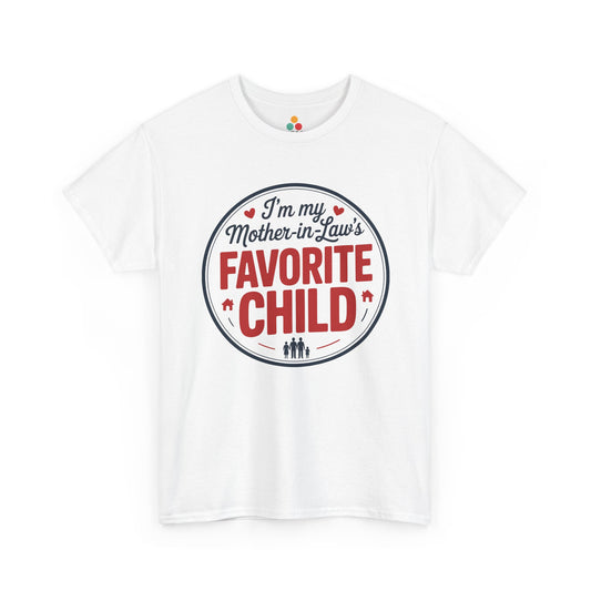 TEEZOCA white “I’m my Mother‑in‑Law’s Favorite Child” badge graphic t‑shirt shown flat.