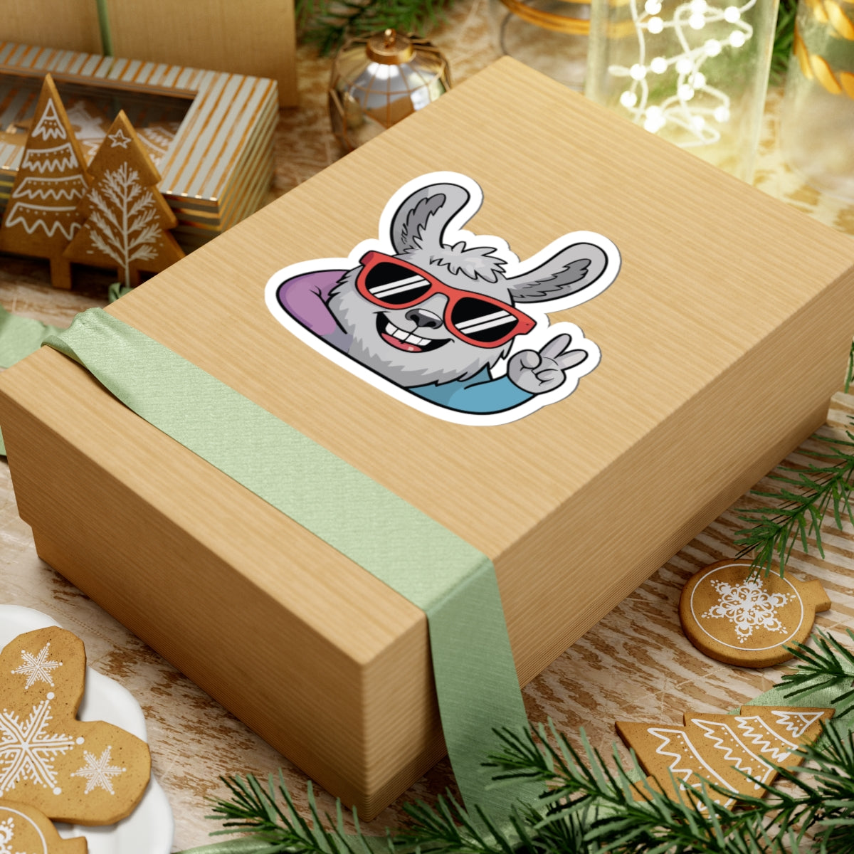 Wooden gift box with a cartoon llama sticker on a festive background with cookies and lights. TEEZOCA