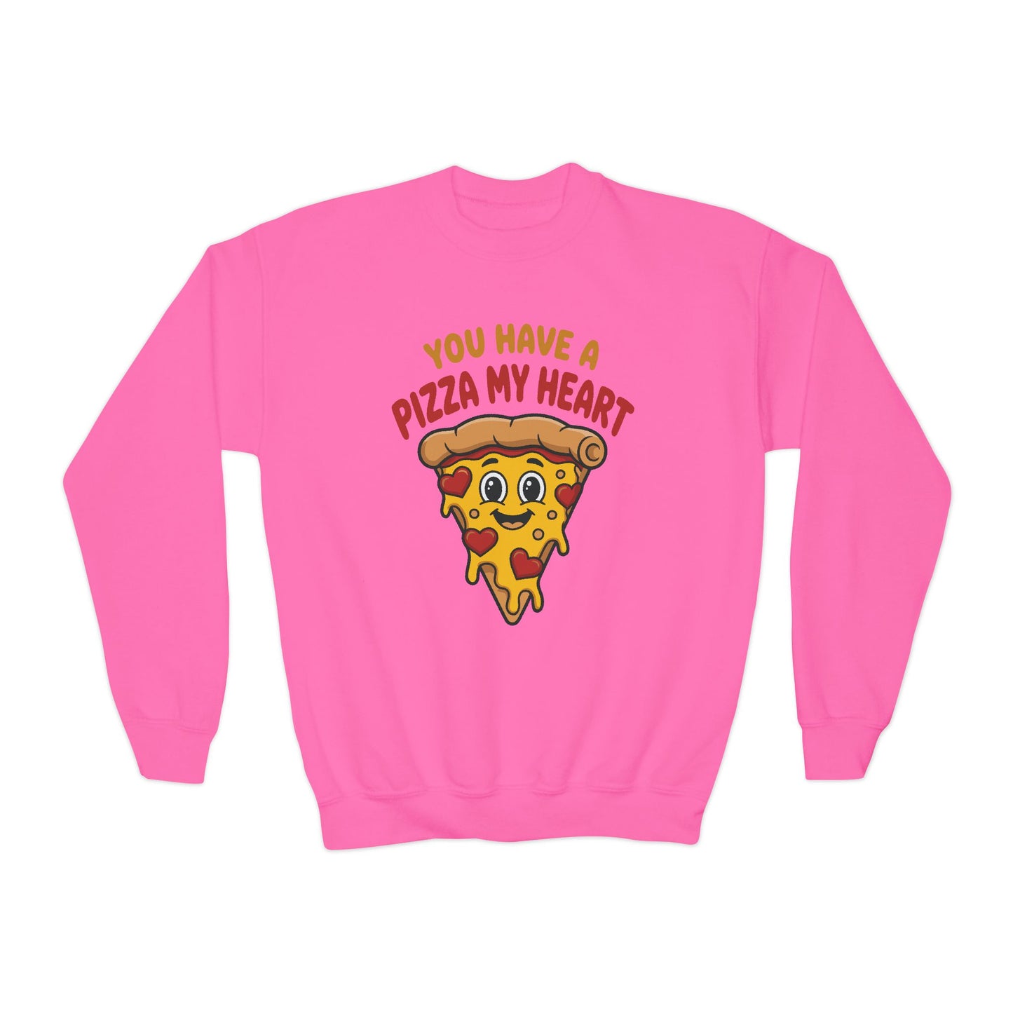 Youth Crewneck Sweatshirt - "You Have a Pizza My Heart" Cute Cartoon Pizza Graphic, Kids Valentine Crewneck TEEZOCA