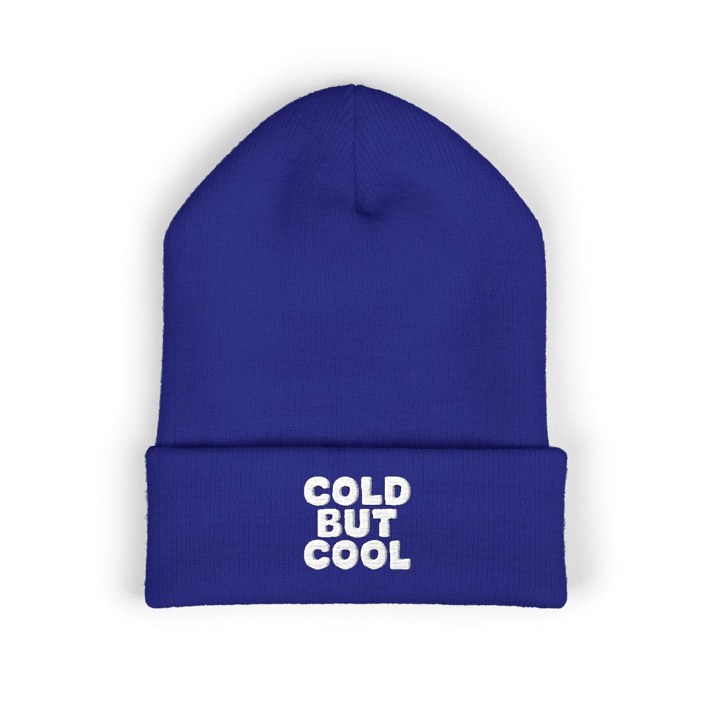Blue beanie with 'Cold But Cool' text on a white background