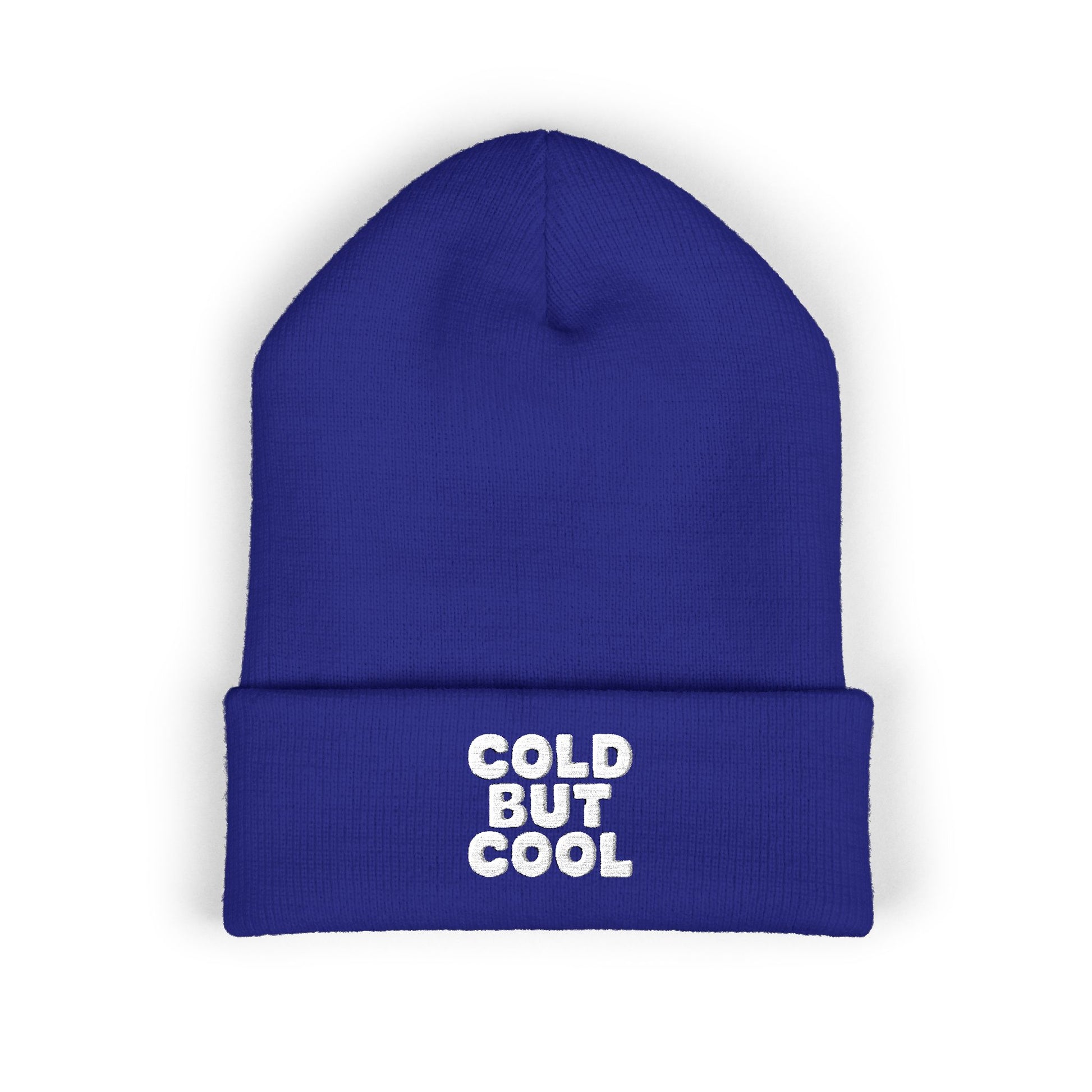 Blue beanie with 'Cold But Cool' text on a white background