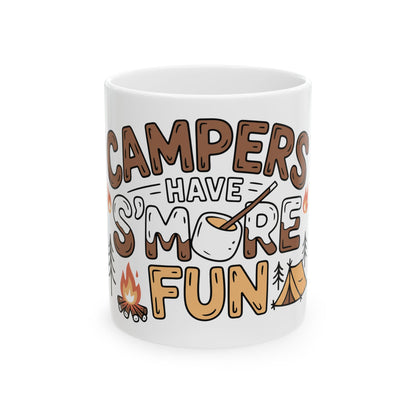 TEEZOCA ceramic mug featuring Campers Have S’More Fun design with campfire and tent